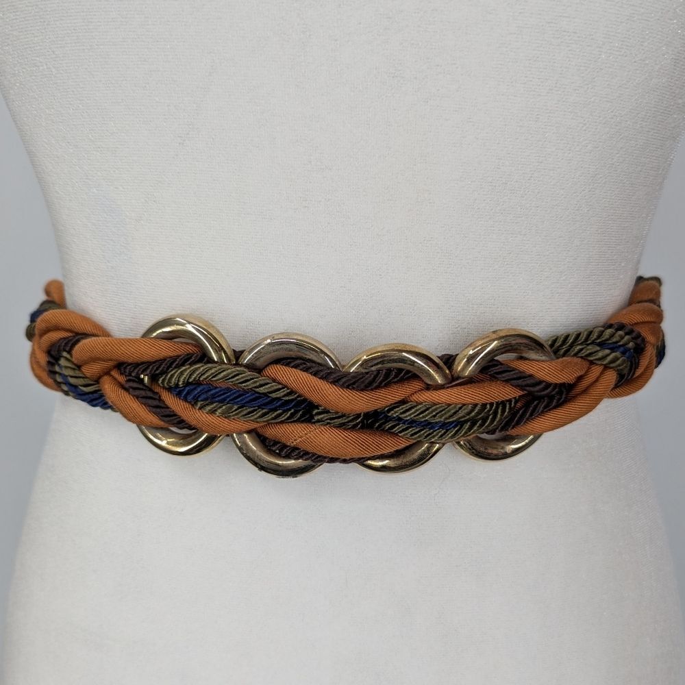 Vintage Ginnie Johansen Inc. Dallas Brown Gold Braided Velcro Belt Small Medium